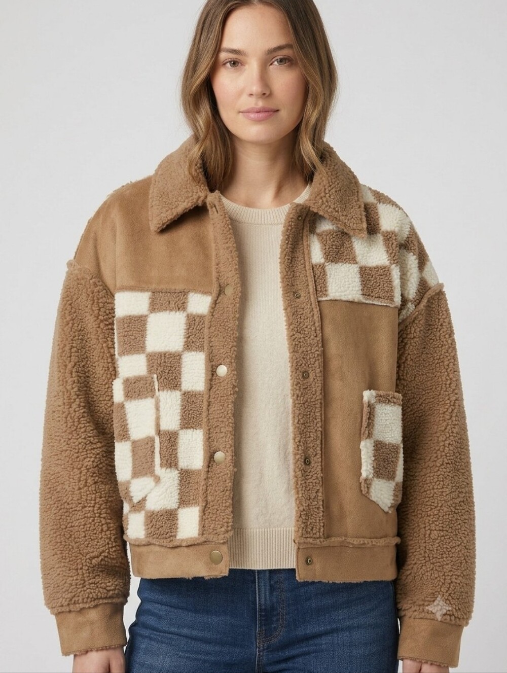 Miss Me Sherpa Faux Suede Jacket L Tan Checkered Patchwork NWT